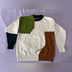 Colorblock Sweater with Green and Brown Accents